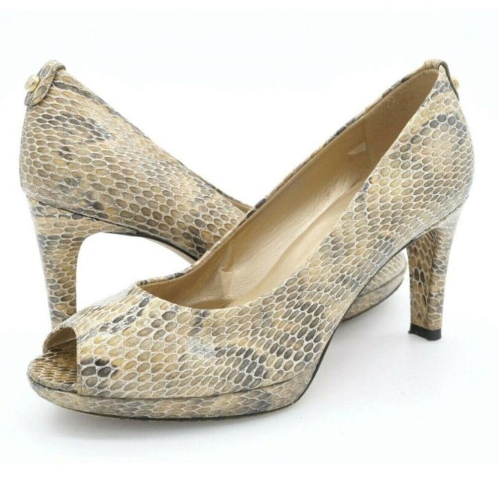 Stuart Weitzman | Plainfield Snake Skin Patent Leather Pumps Peep Toe Tan 7.5 N